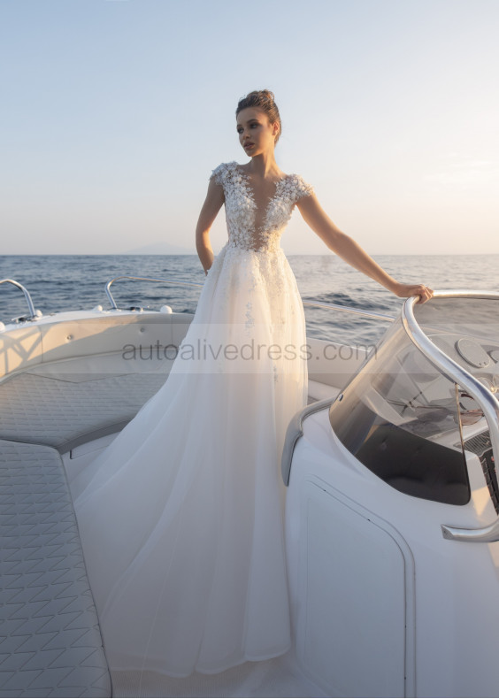 Beaded Ivory Floral Lace Tulle Lightweight Wedding Dress Beaded Ivory Floral Lace Tulle Lightweight Wedding Dress